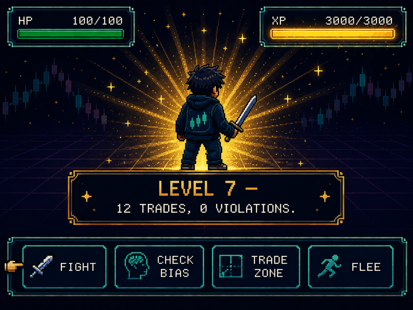 TILT PROOF level up screen — level 7, 12 trades, 0 violations